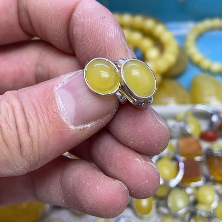 蜜蜡裸石银S925镶嵌耳钉