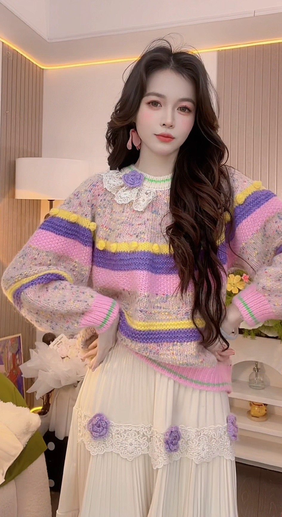 【小甜豆】毛针织衫蕾丝显瘦网红洋气时尚秋冬甜美韩版气质