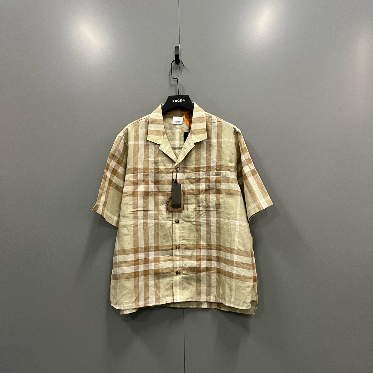 95新 BURBERRY/博柏利 (ll) 巴宝莉 格纹亚麻短袖衬衫 L