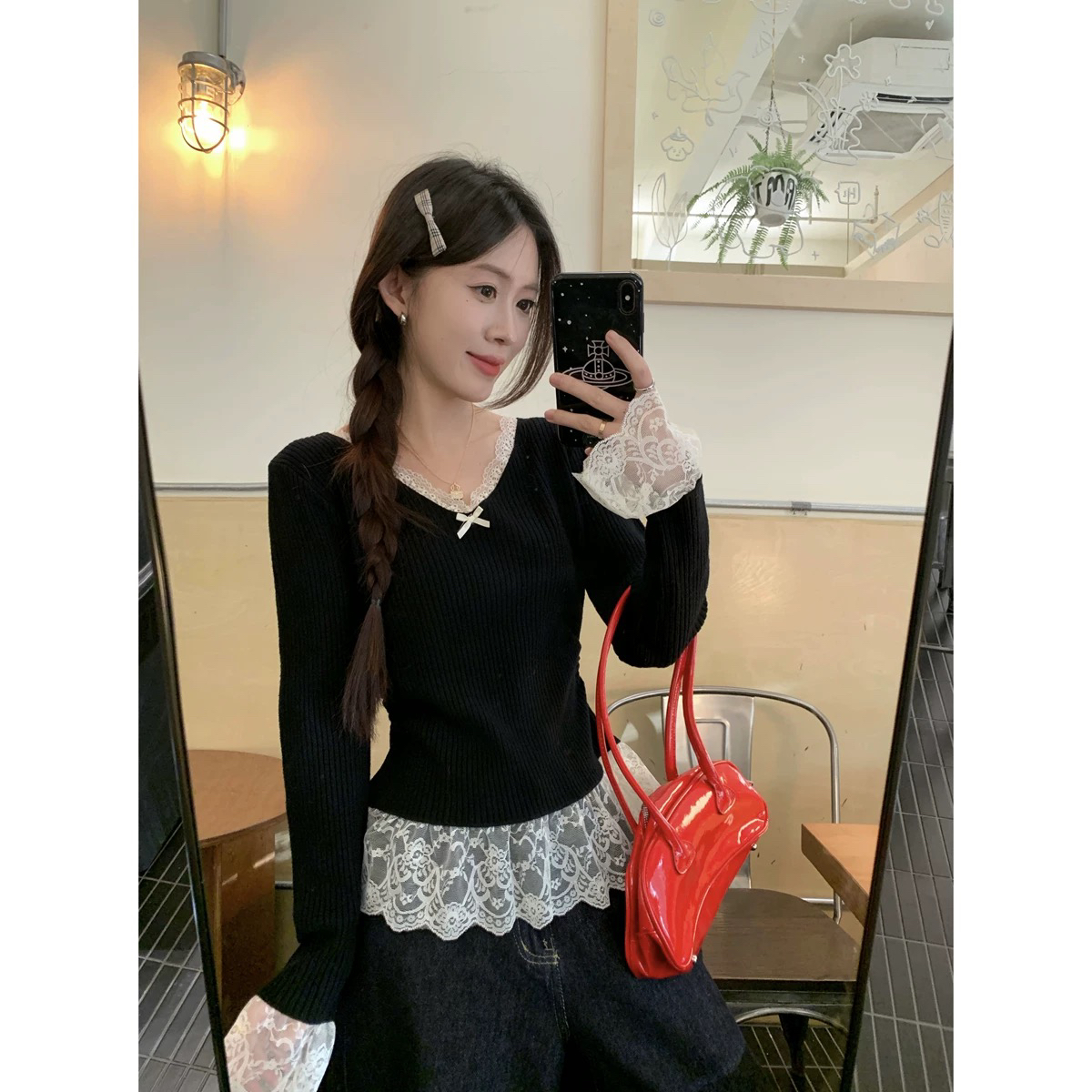 【阿甜大码】芭蕾舞风蕾丝花边拼接长袖t恤女短款v领打底衫上衣