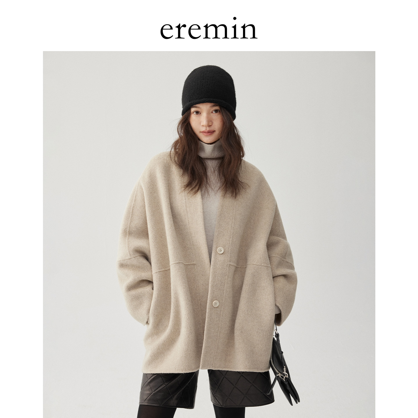 DE Mincollection米驼大衣/无领慵懒一手长羊毛双面呢大衣56170