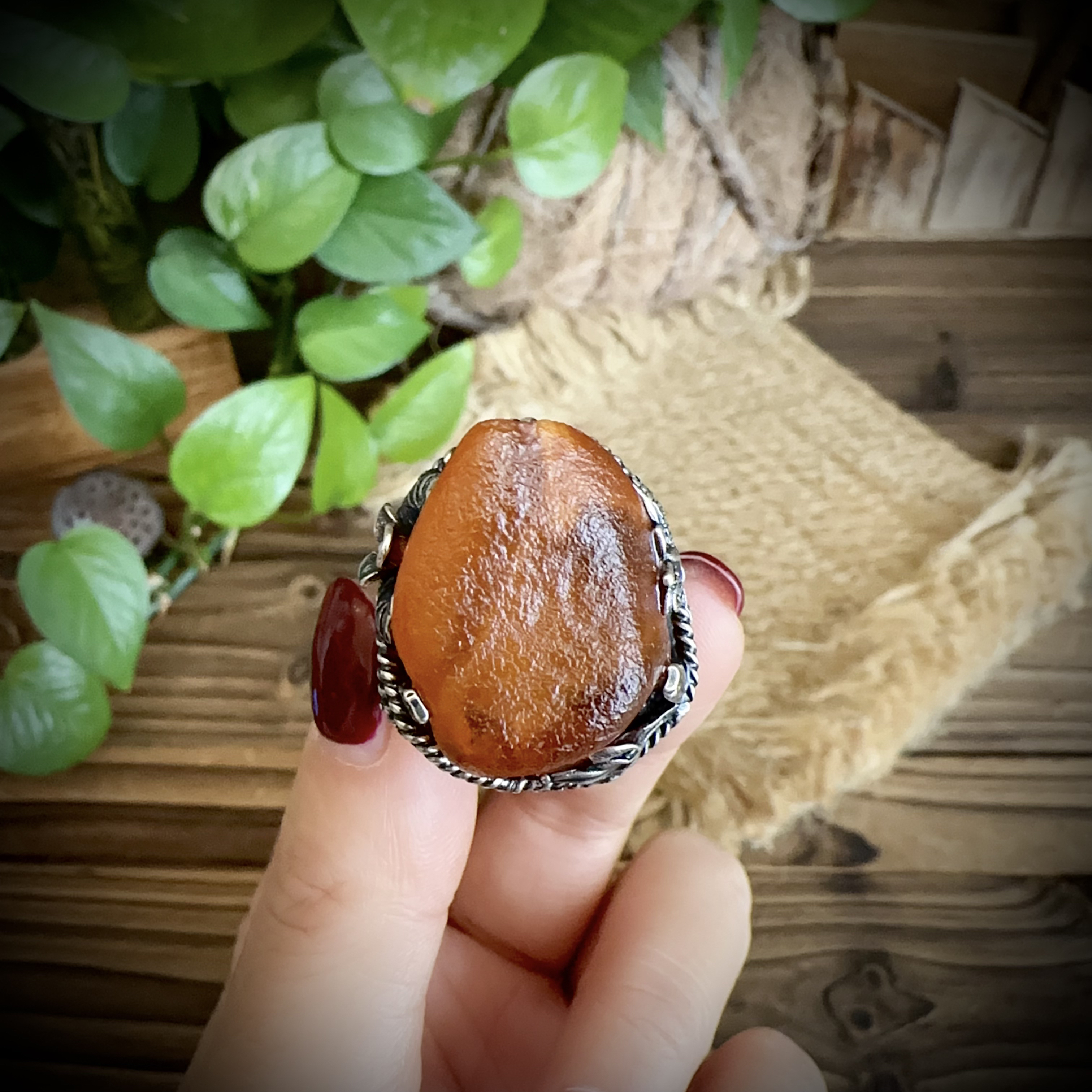 【古香古色】复古s925银蜜蜡琥珀戒指（开口可调节）