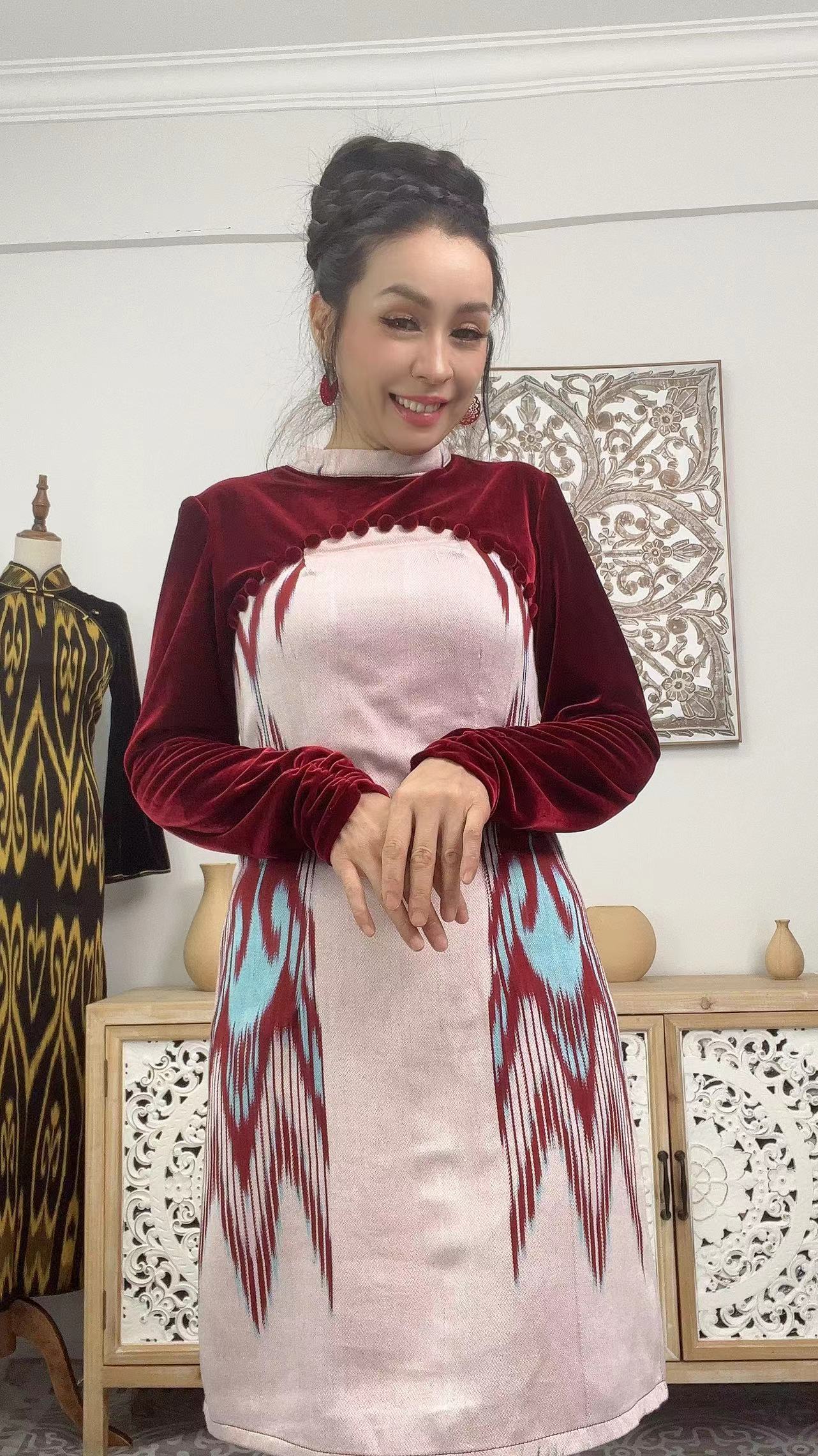 pahtatlas长袖时尚民族风秋冬中式女款红色国风连衣裙