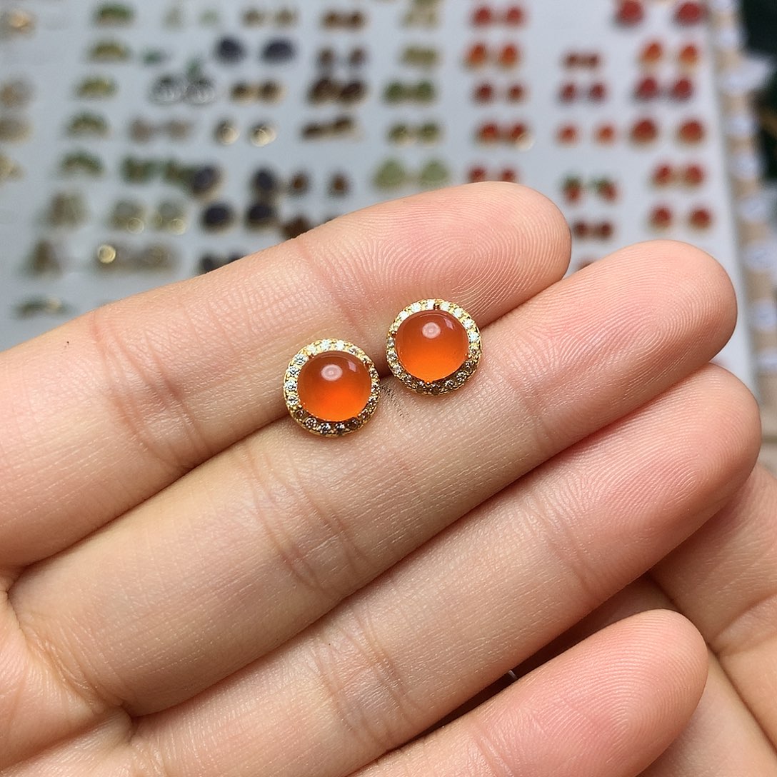 银S925镀金镶嵌南红玛瑙耳饰N****n