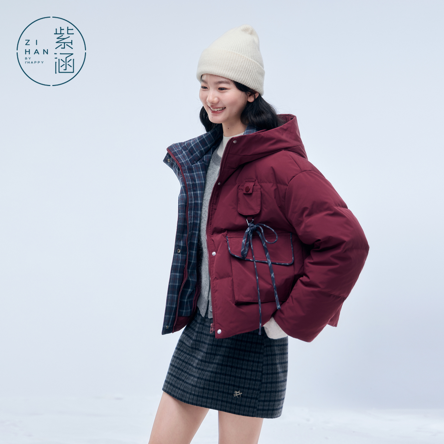 紫涵短款羽绒服女2025冬季新款格纹内里小个子鸭绒外套Z5Z10AN220