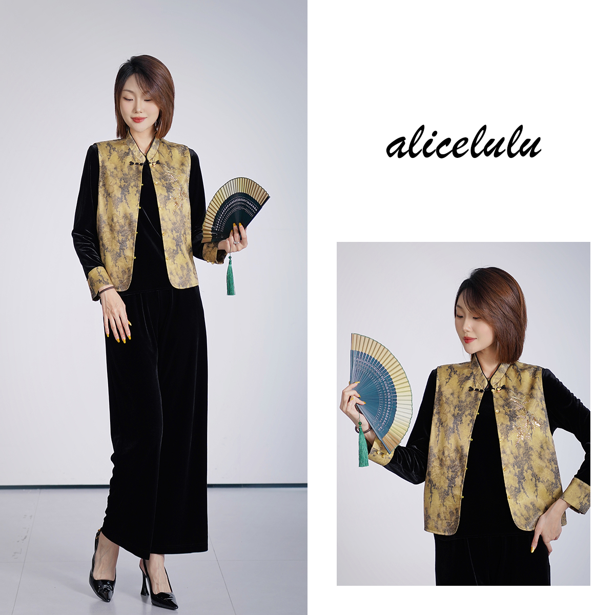 5 alicelulu秋装国风优雅立领盘扣串珠重工上衣套装S2144821W