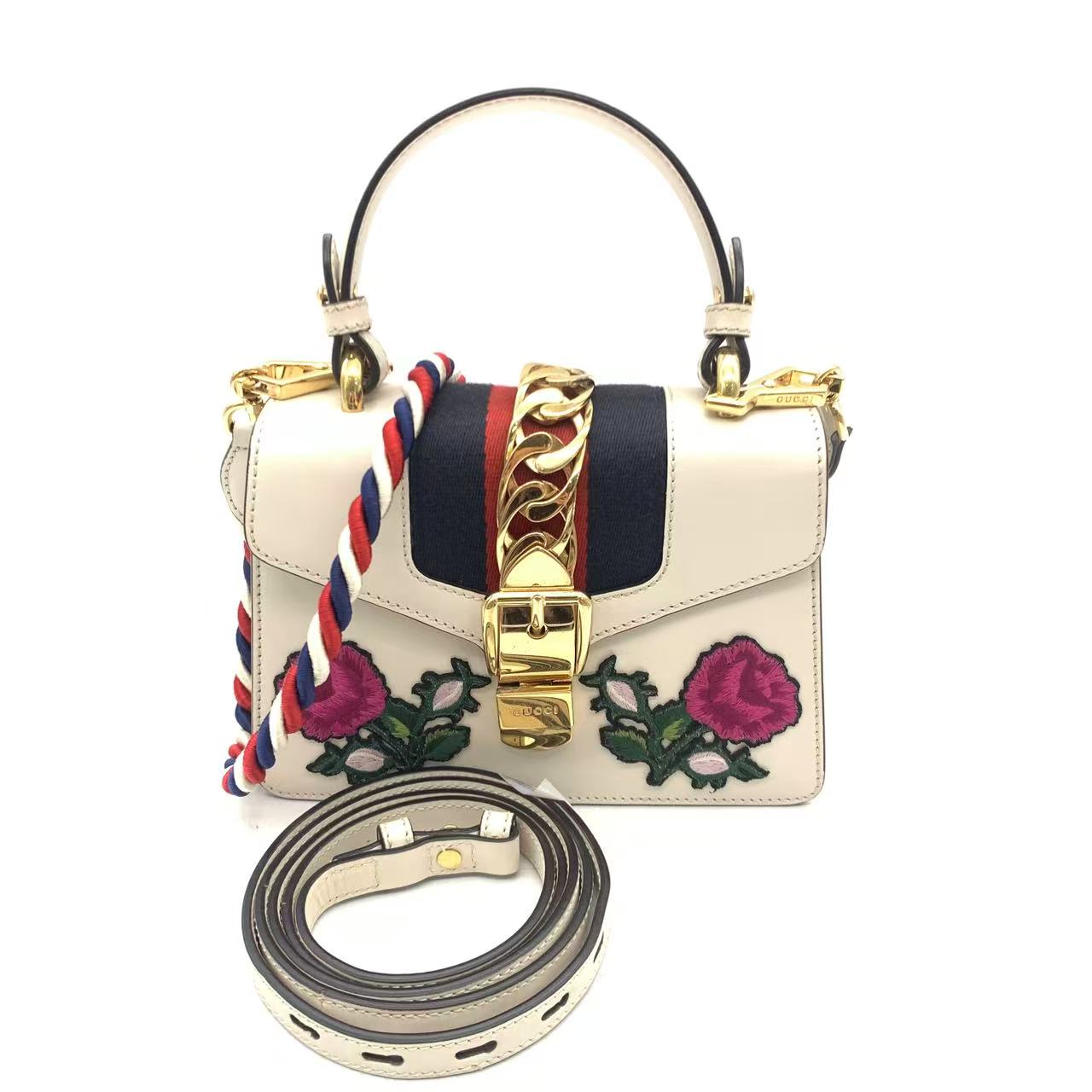 95新 GUCCI/古驰 白色花卉小号手提塞尔维亚斜挎包