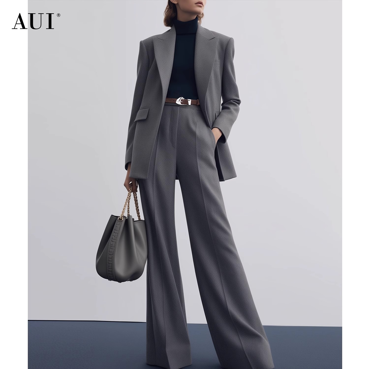 【媛媛女王专享】AUI灰色气质职业正装西装阔腿裤两件套-20240510