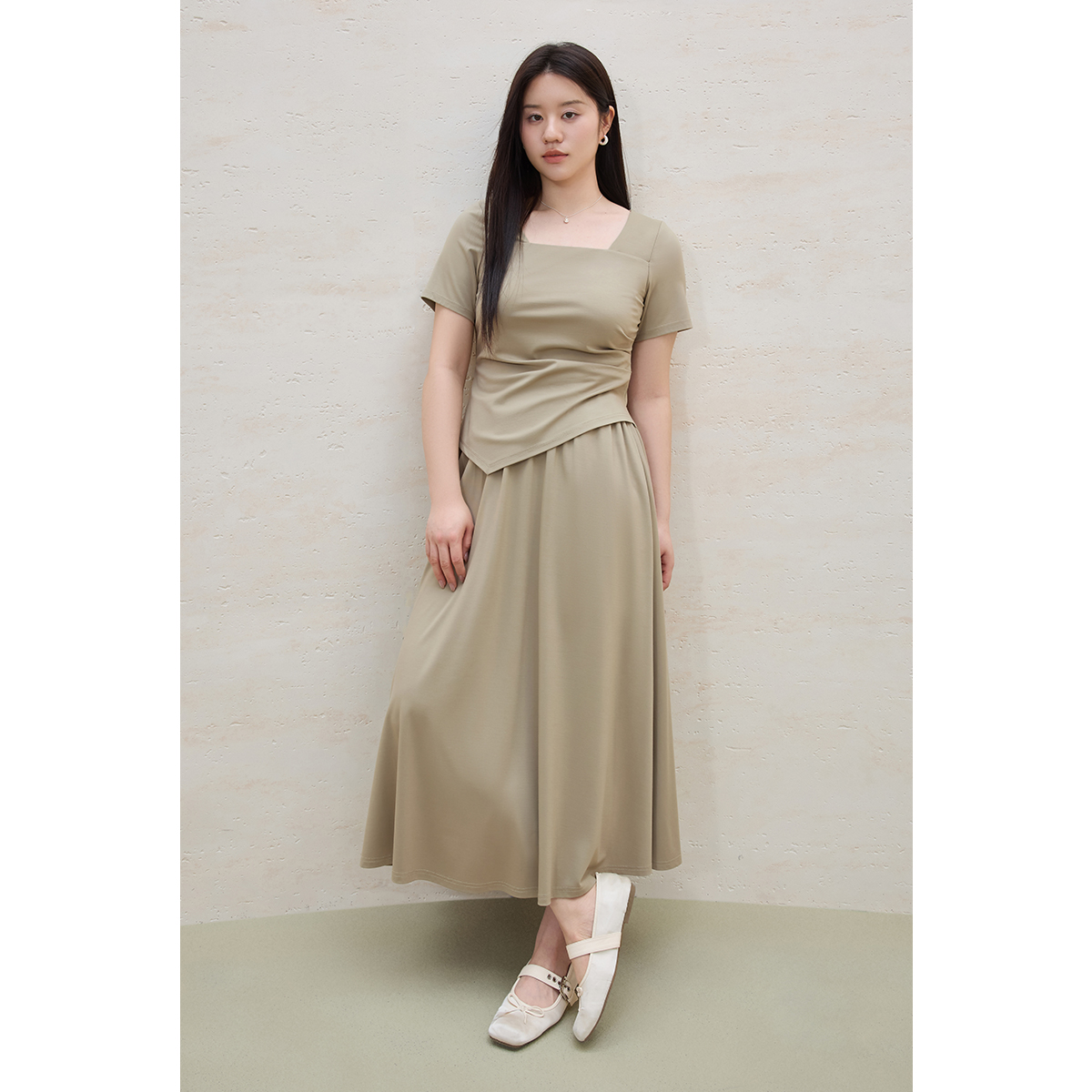 独束微胖大码女装抽褶上衣半身裙时尚套装两件套（新）25DS82115