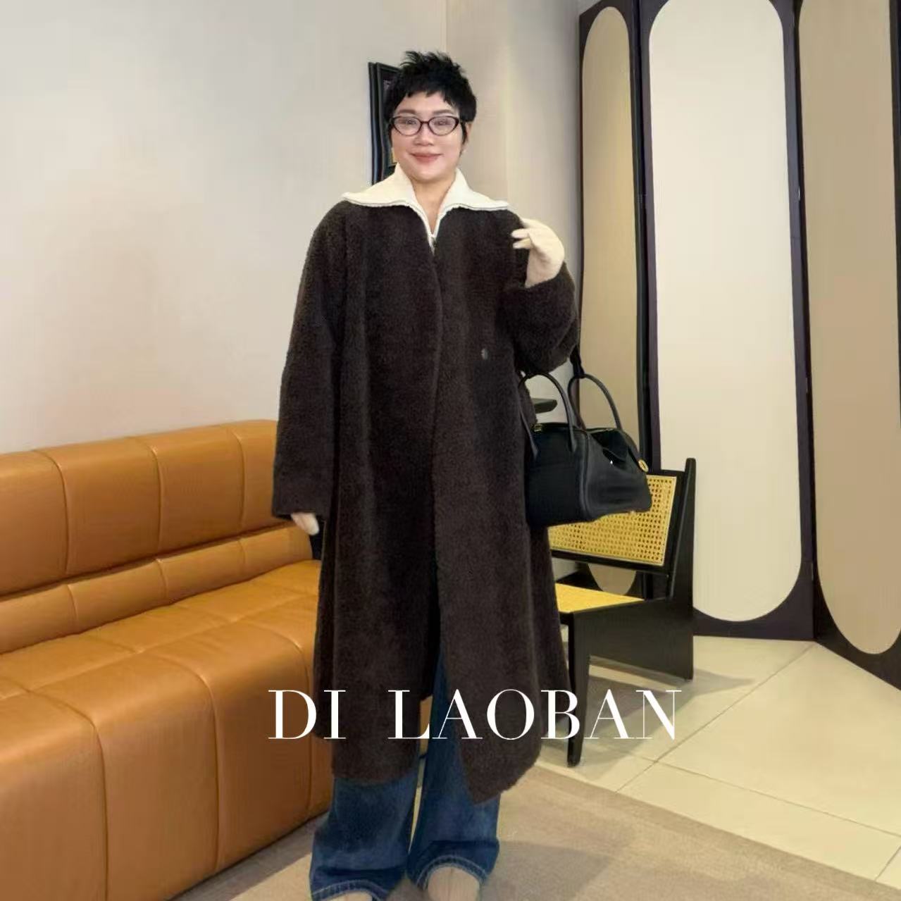 H·G【香榭千金】1324  新款百搭轻奢V领卷毛羊毛长款外套 