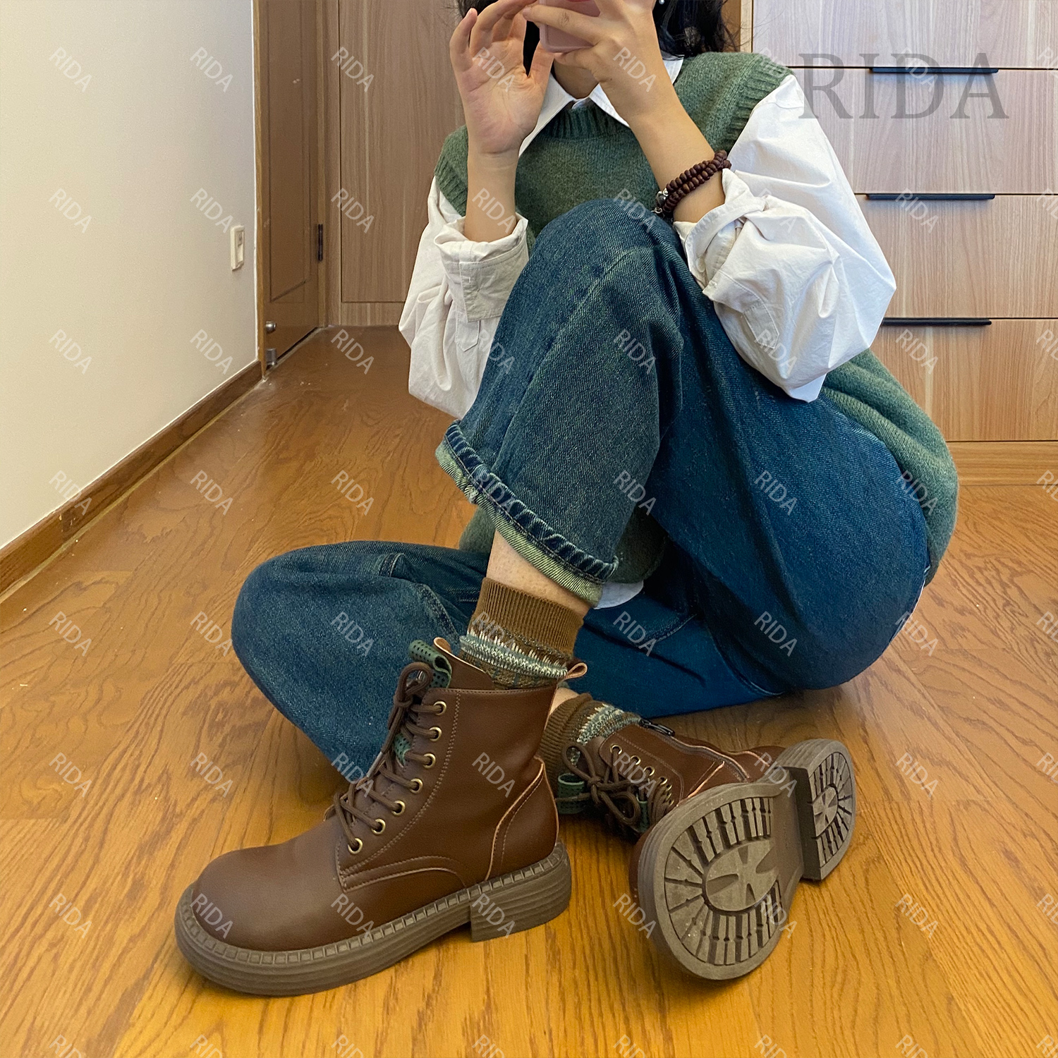 RIDA··【招牌牛皮靴】复古百搭牛皮靴H25休闲小众舒适设计感8888