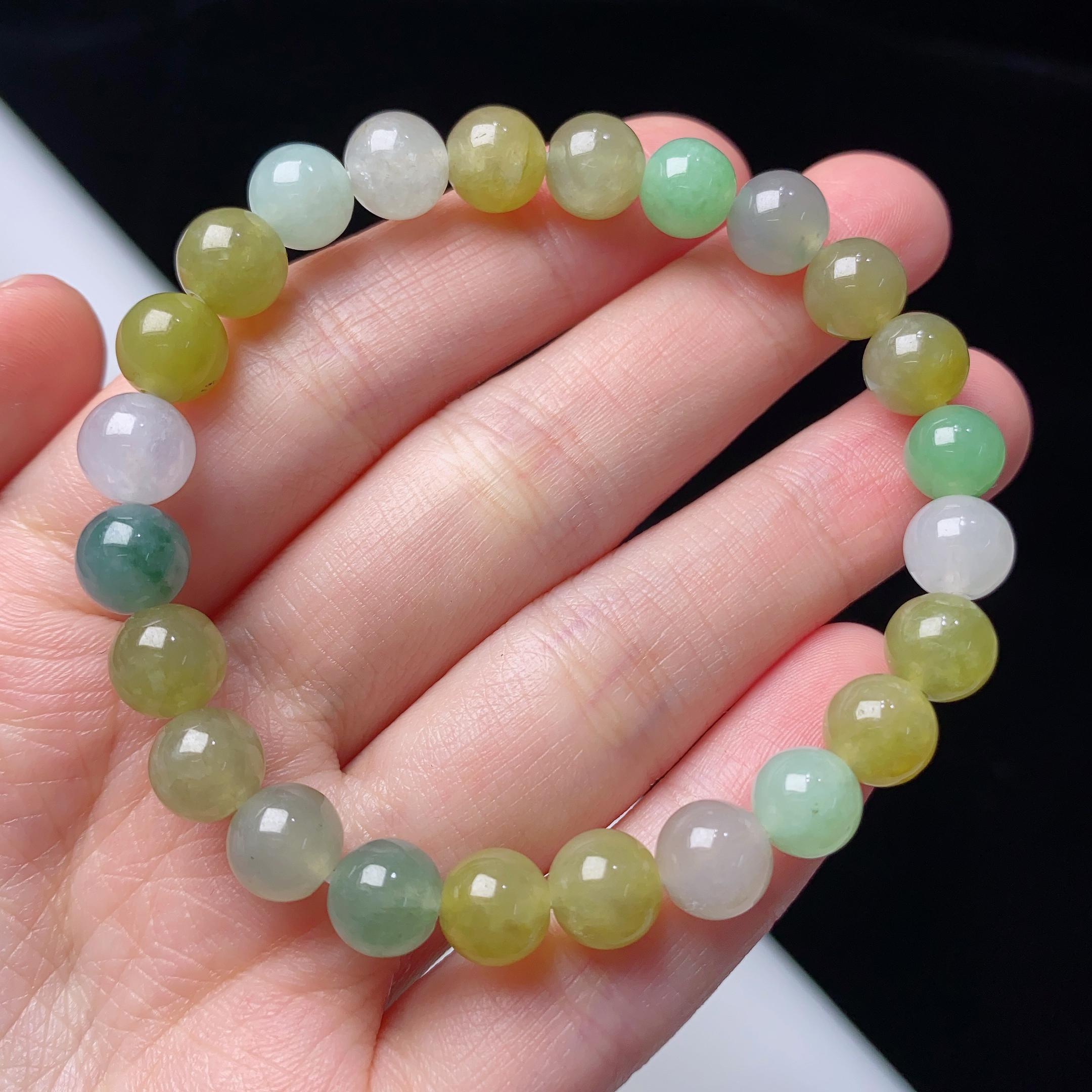 缅甸天然翡翠A货马卡龙多宝圆珠黄翡手链卡8mm女士彩色