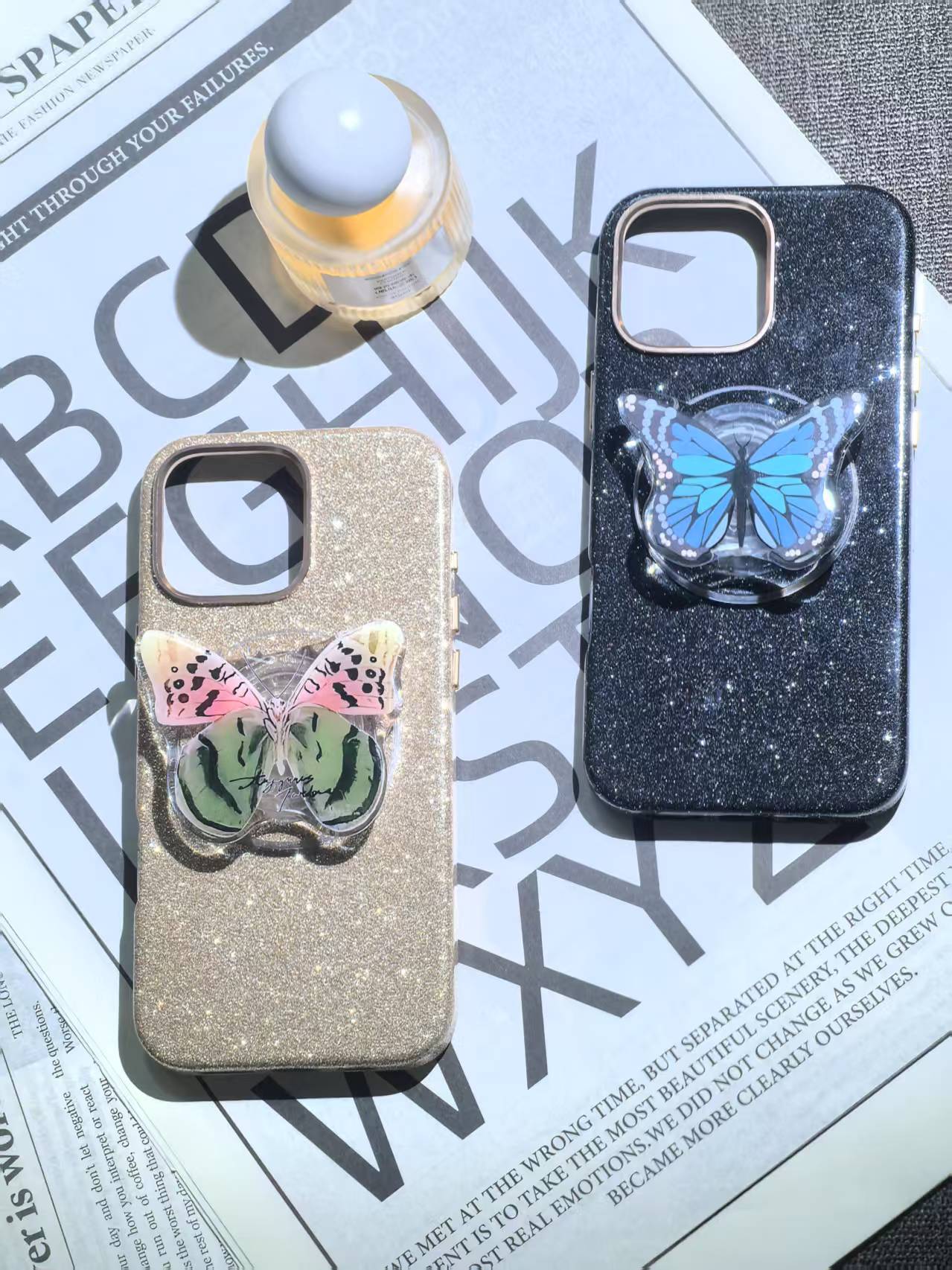 闪粉立体蝴蝶支架适用苹果15/16ProMax/14/13/12/11女款手机壳