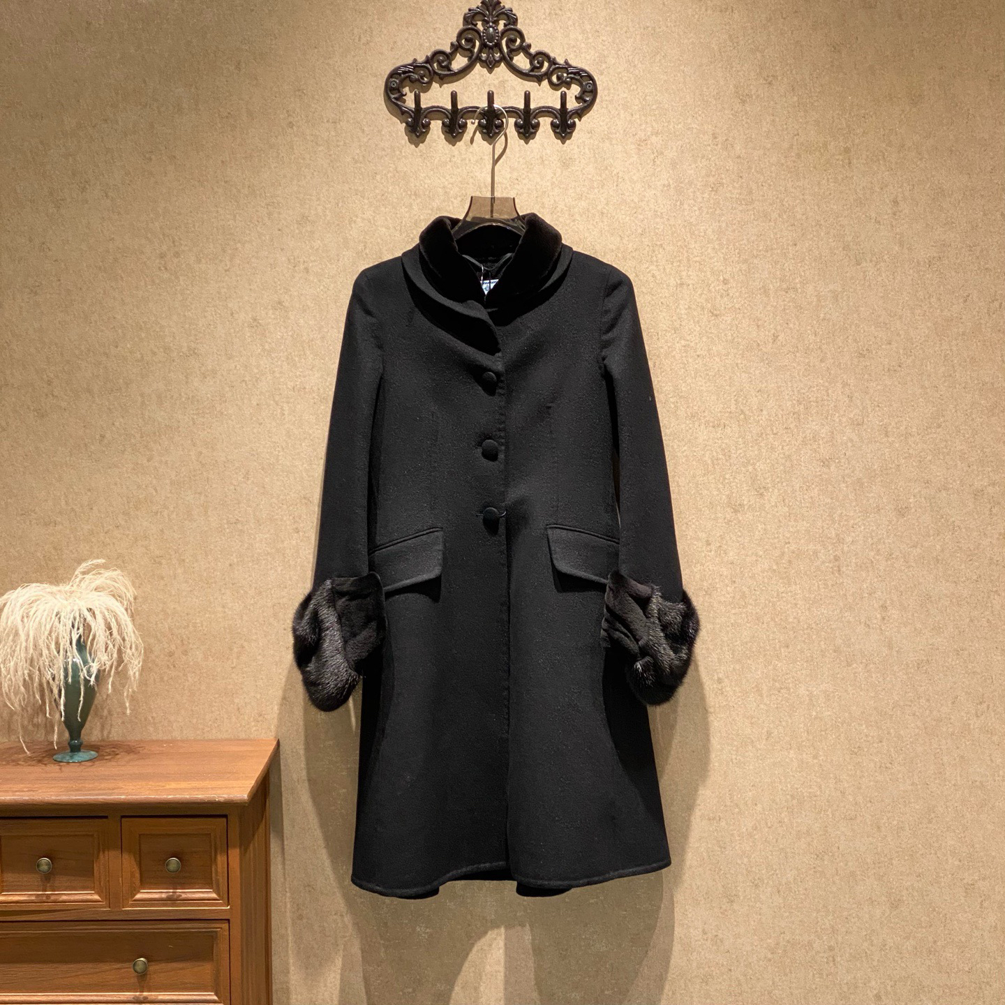 未使用 Prada/普拉达 黑色水貂毛皮草羊毛大衣/40码/40212