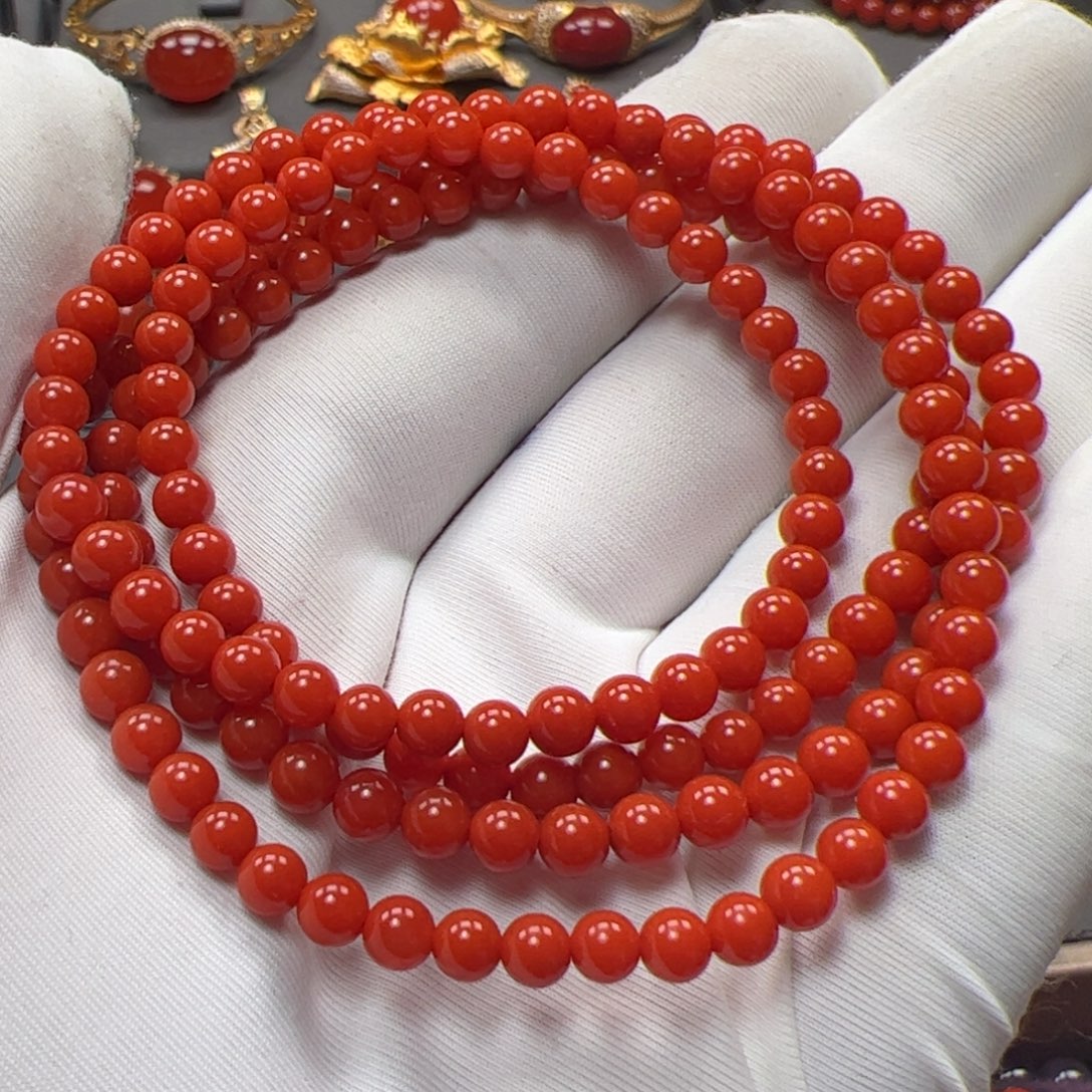 南红玛瑙圆珠未镶嵌4mm原矿精品辣椒红多圈