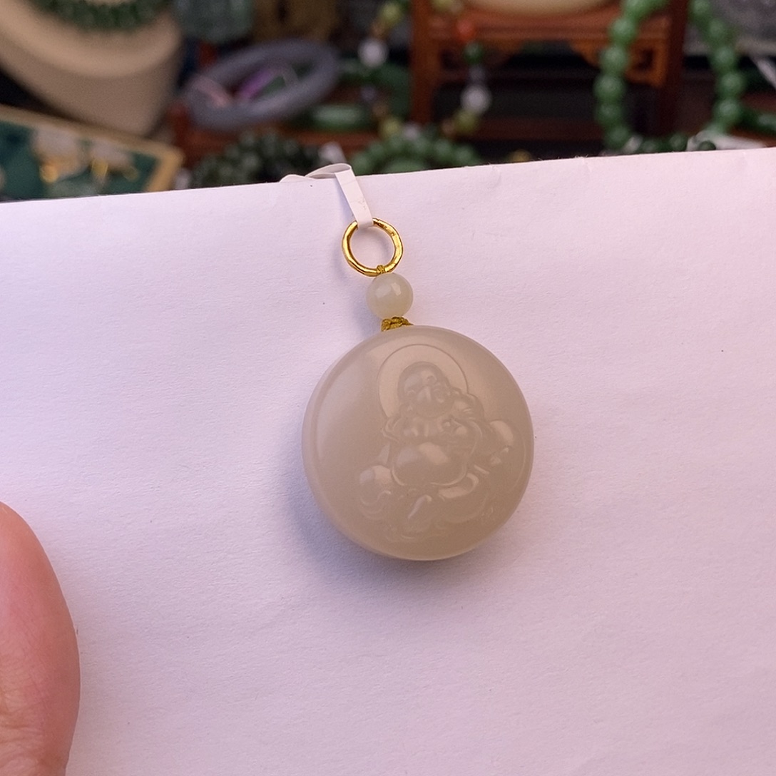 和田玉熟藕粉补贴专场圆牌佛公吊坠未镶嵌