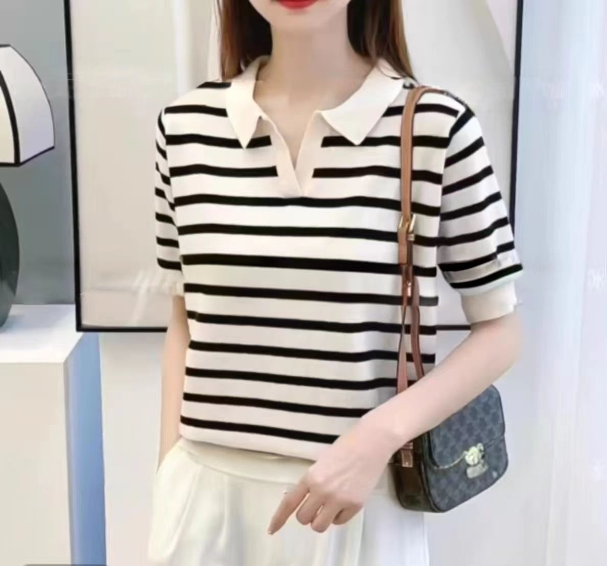 【方领条纹】女士针织短袖T恤女新款夏季时尚洋气外穿显瘦宽松