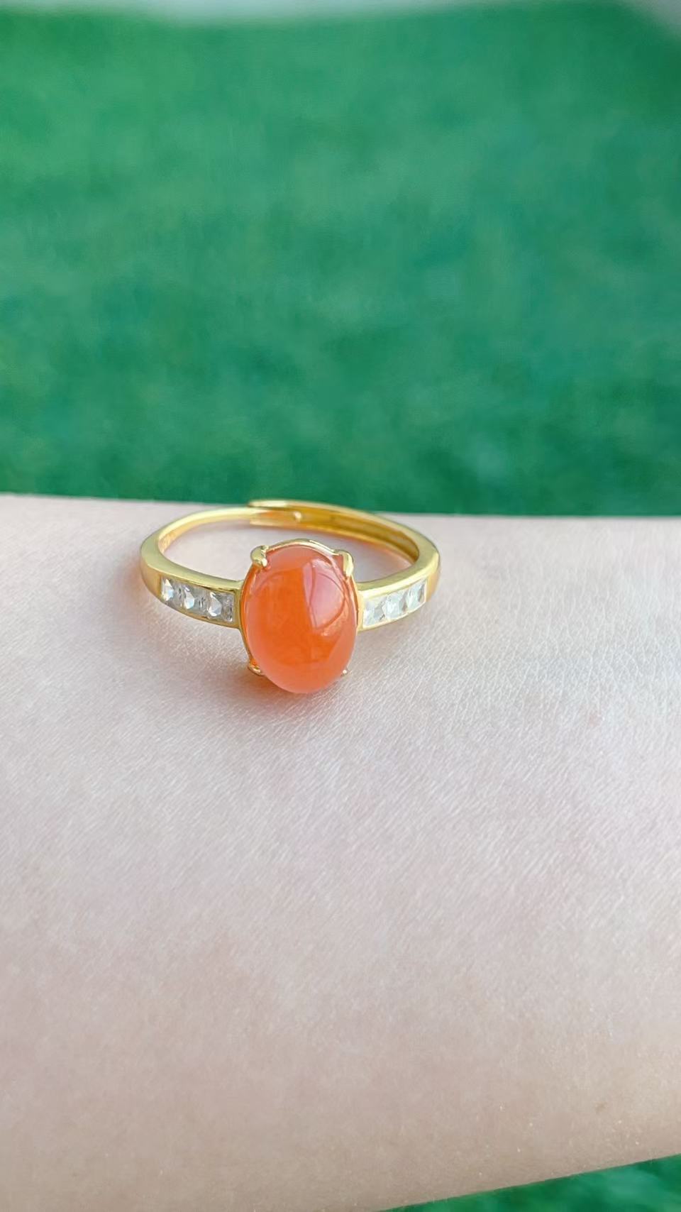 天然玉石南红戒指925银镶嵌简约时尚