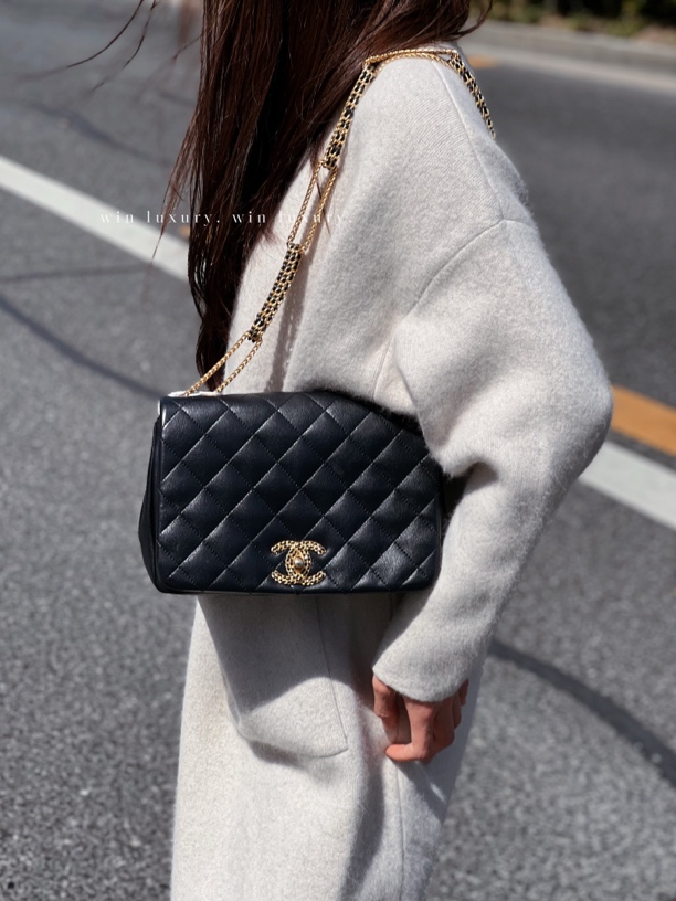 99新 Chanel/香奈儿 香奈儿22C黑金羊皮瀑布链条豆腐包 芯片款