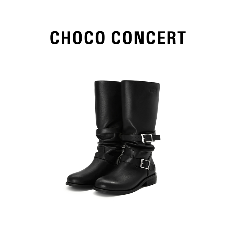 【明星同款】CHOCOCONCERT秋新款复古堆堆靴流光风真皮老钱风女鞋
