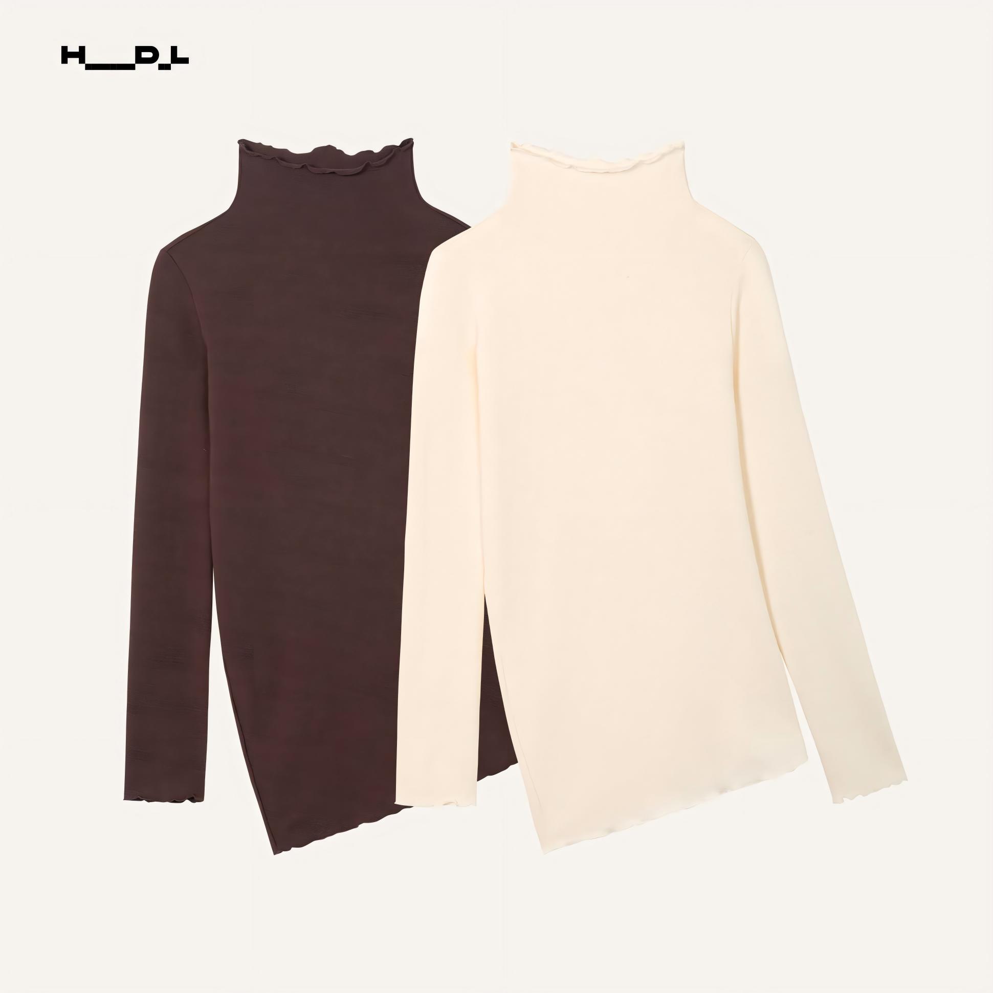 2025新款木耳边保暖莱赛尔混纺华夫格T恤加厚纯色内搭打底衫长袖