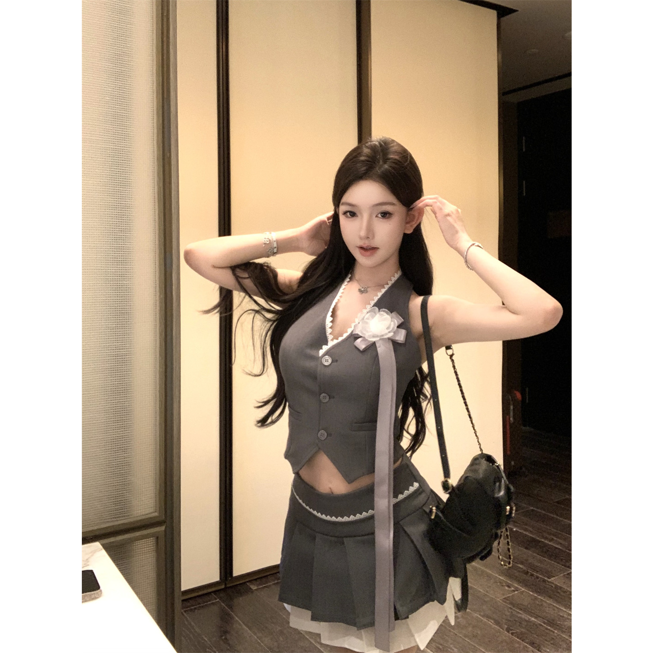 时尚套装蕾丝拼接花朵无袖西装马甲背心女夏季百褶裙半身裙两件套