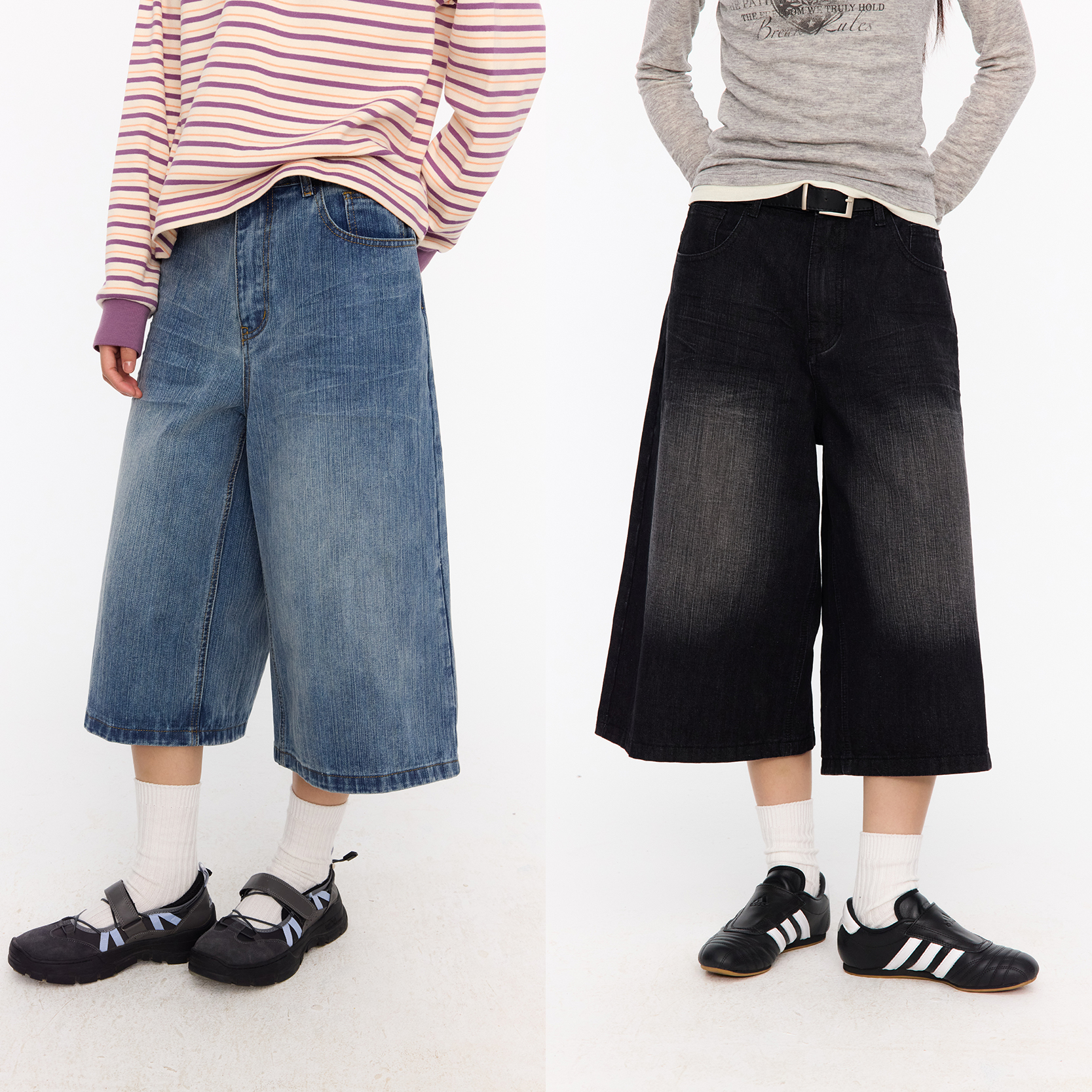 江南先生多色竹节做旧水洗宽松中裤夏季 美式复古牛仔裤