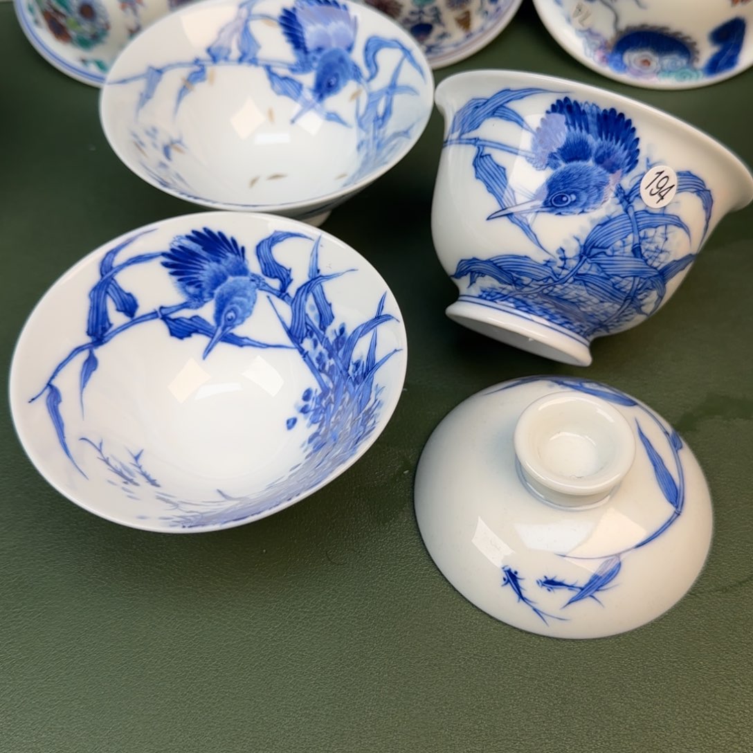 渔**晚景德镇手工手绘茶具单翠三件套