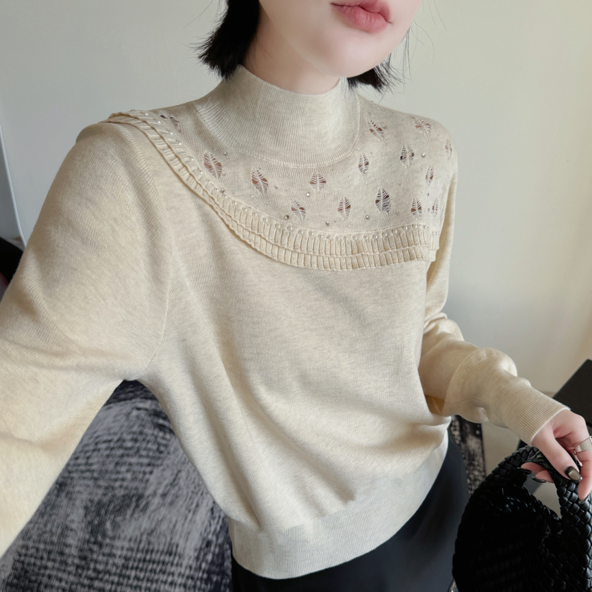 兰兰家花边加镂空时尚百搭长袖打底毛衣半高领洋气针织女士秋冬