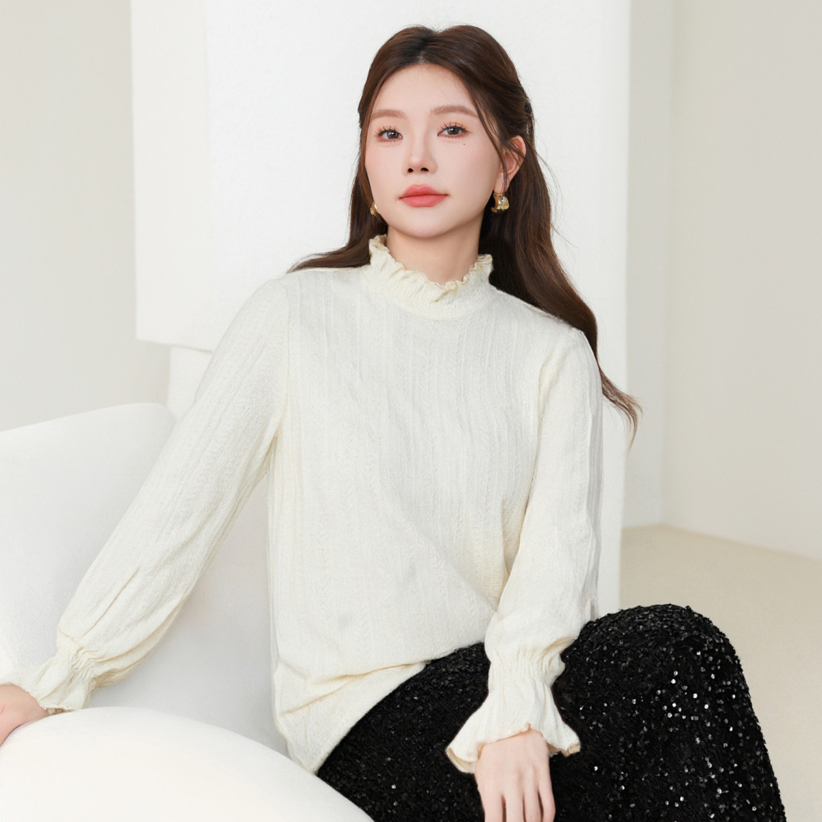 【现货】MsShe大码女装新款冬装半高领针织蕾丝衫长袖上衣F2509004