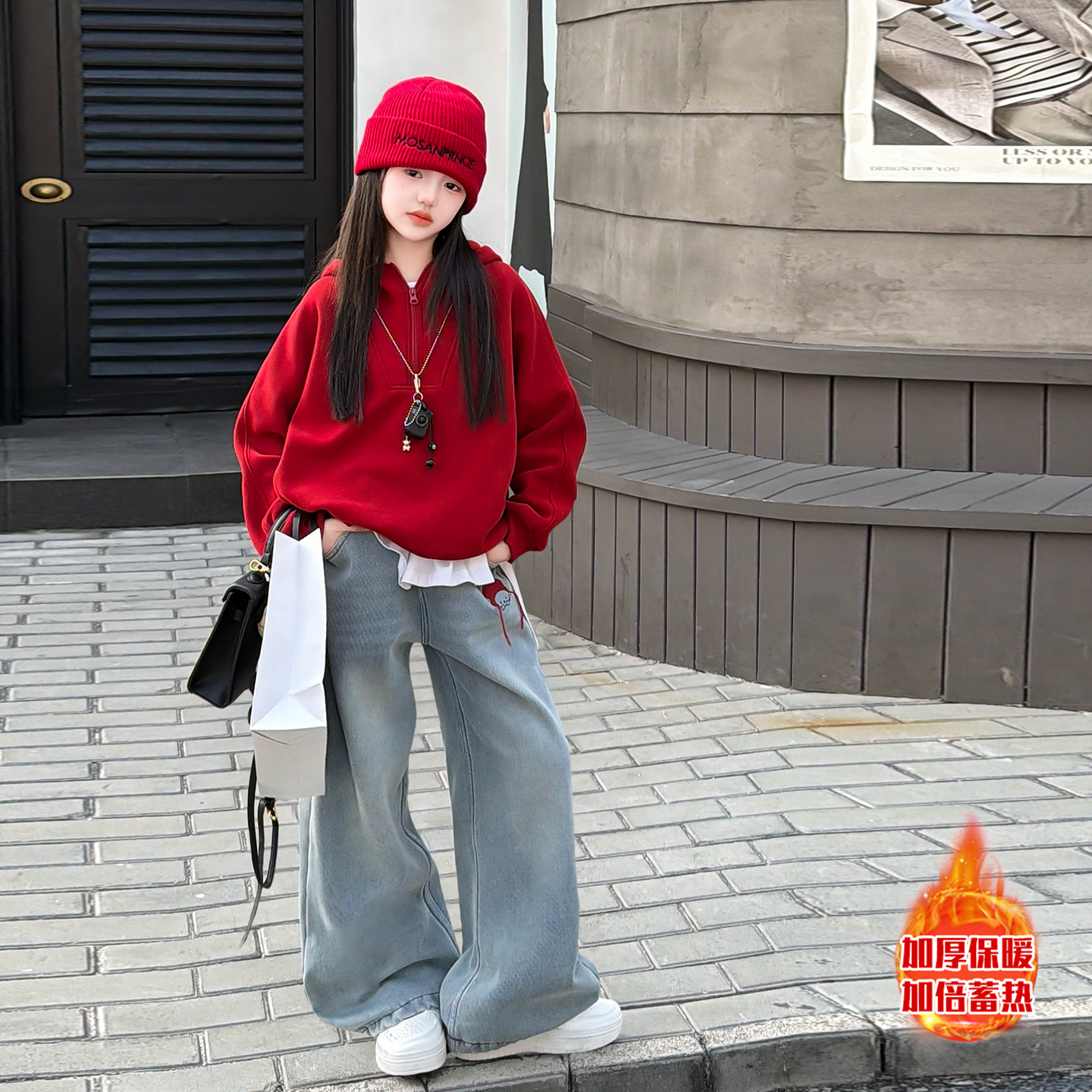 女童冬装加绒红色连帽卫衣冬季女孩大童加厚半拉链上衣牛仔裤套装