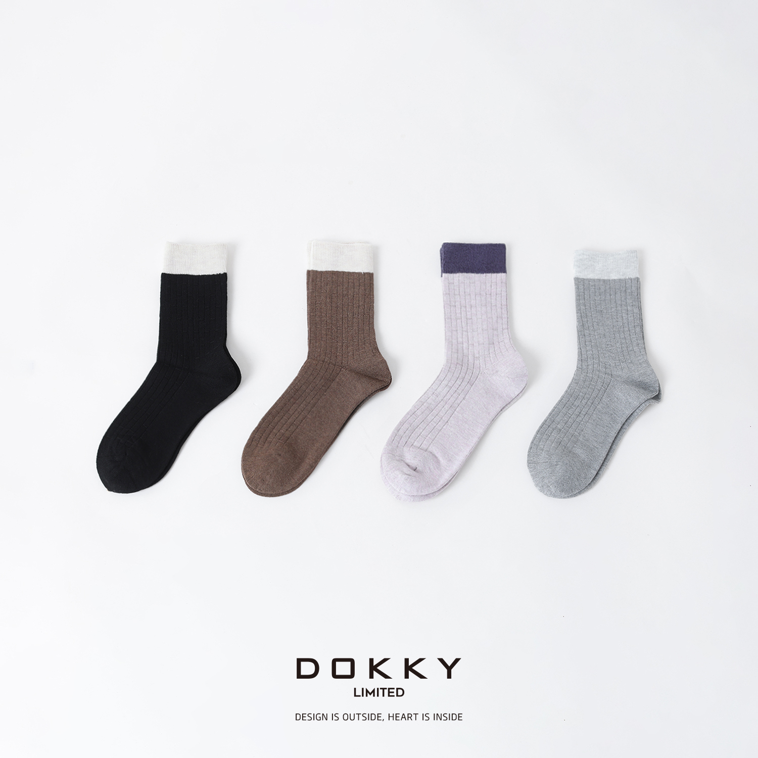 Dokky「D0486」精纺绵羊毛.无骨坑条针织.拼色中筒袜