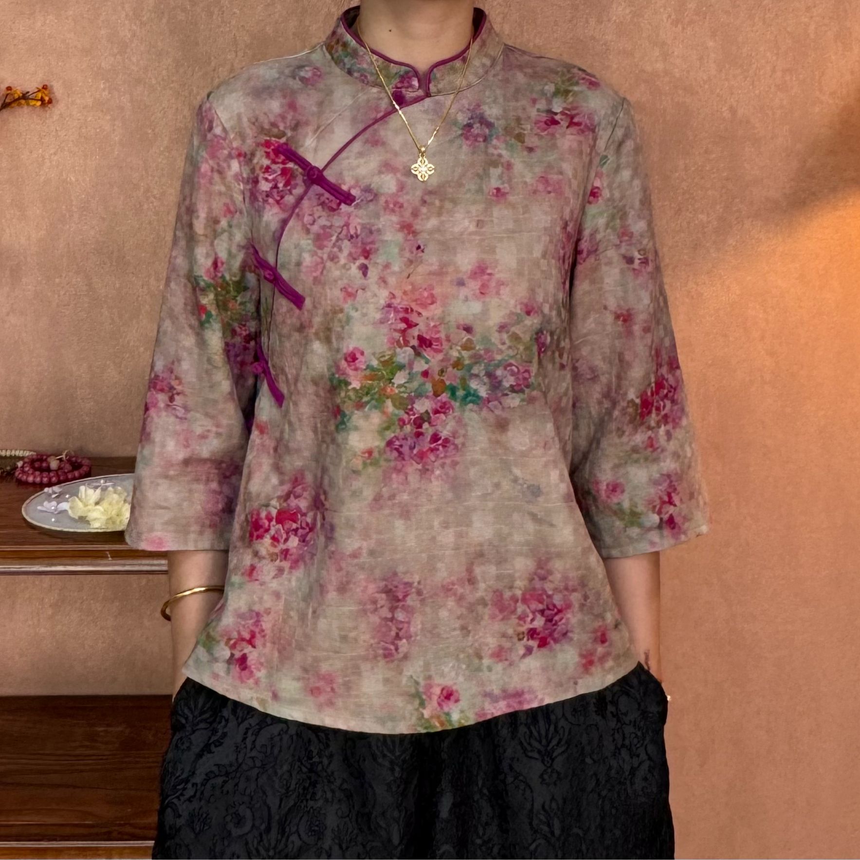 【粉黛佳人】新中式斜门襟立领上衣中式盘扣7分袖女