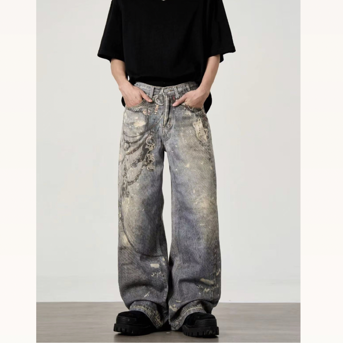 L199数码3D涂鸦印花阔腿裤