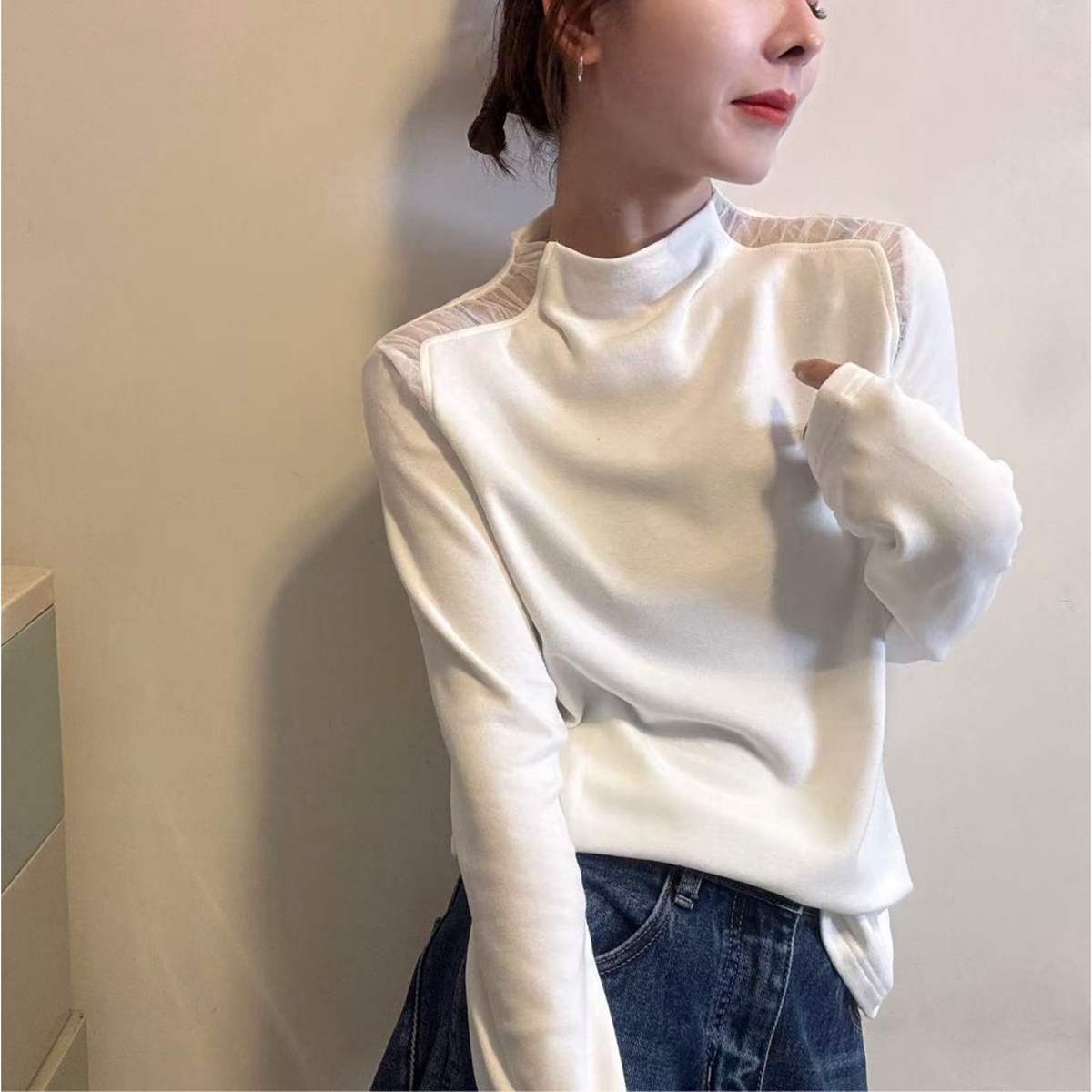 HMY 31126 欧货小半高领蕾丝露肩拼接磨毛加绒长袖T恤女冬打底衫