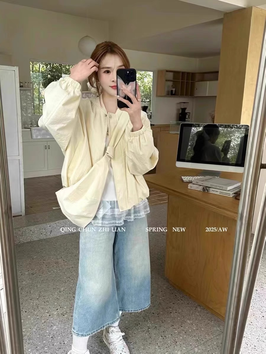 蕾丝拼接棒球服外套女秋季新韩版宽松显瘦百搭休闲夹克斜挎包套装