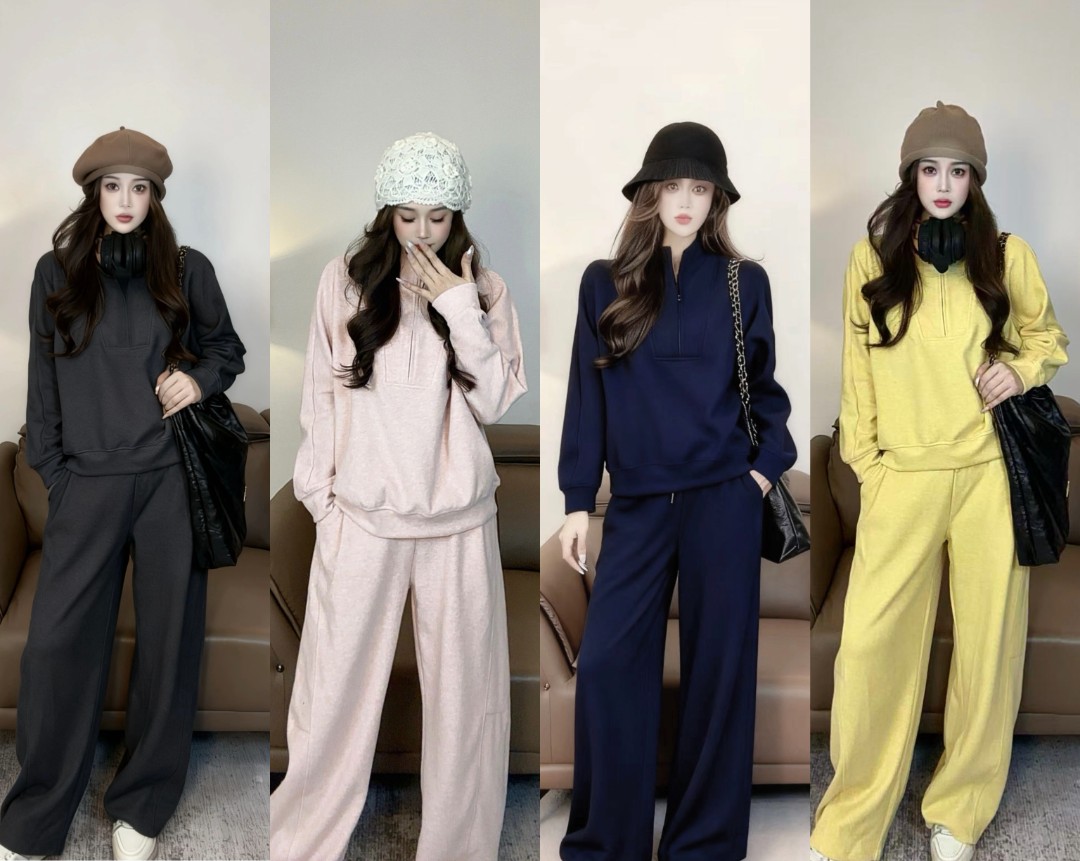 休闲运动慵懒风显瘦加厚半拉链卫衣搭配高腰系带长裤秋冬套装