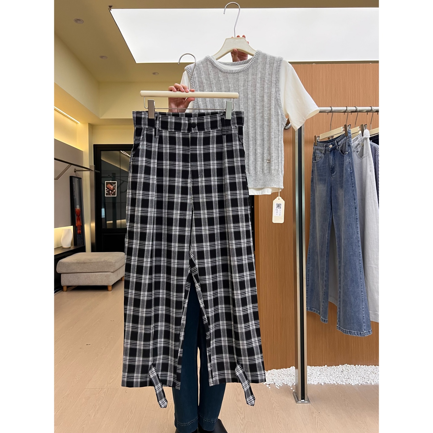 Q20美式格子休闲裤九分女显瘦新款宽松慵懒风高腰直筒哈伦阔腿裤