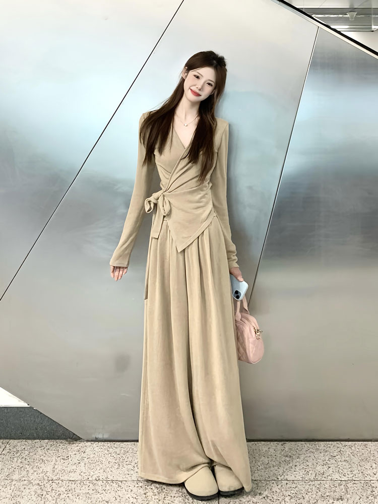 纯欲风小众设计感不规则春秋冬绑带v领长袖上衣休闲阔腿裤两件套