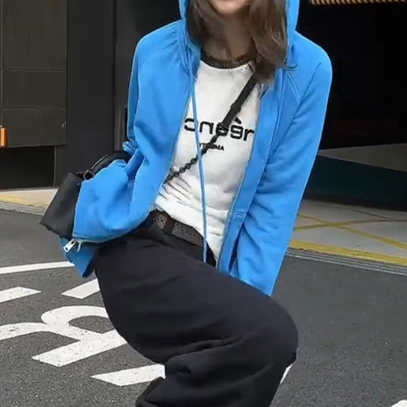 6935蓝色显白百搭休闲连帽卫衣双拉链外套女多巴胺长袖上衣
