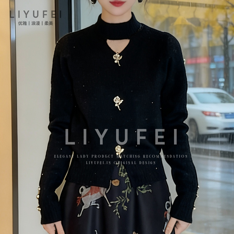 加绒玫瑰纽扣上衣2025新款高领长袖法式高级感T恤