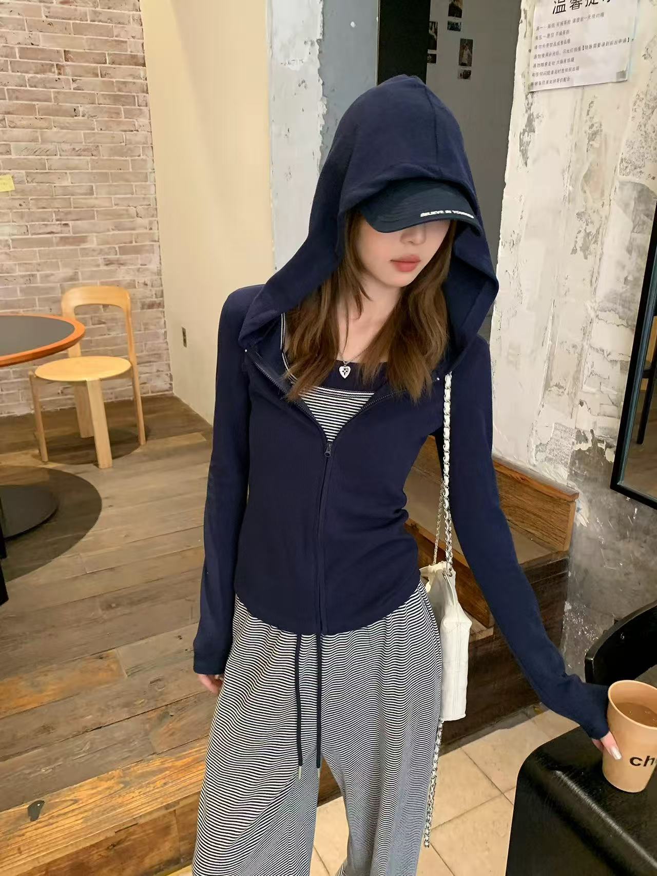 CHUMIAN/初棉语录正肩纯欲显瘦连帽双拉链开衫外套女百搭上衣