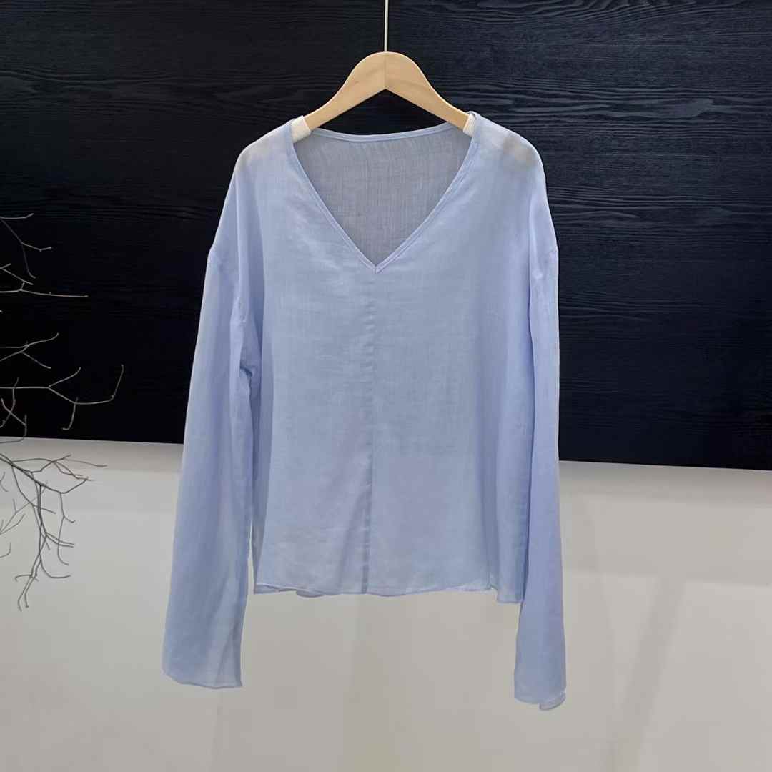 2025新款夏季简约上衣薄款衬衫长袖苎麻时尚宽松V领套头上衣纯色