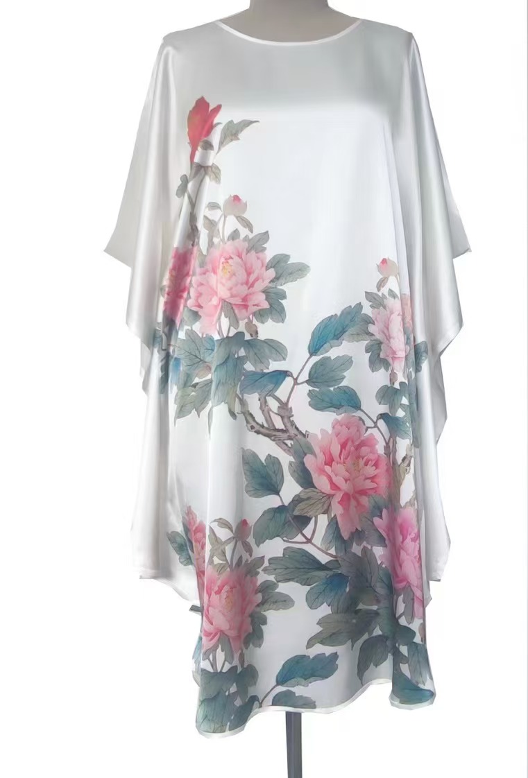 伊丝绘坊重磅真丝百分百桑蚕丝睡衣睡裙睡袍宽松喷蝙大码出口品质