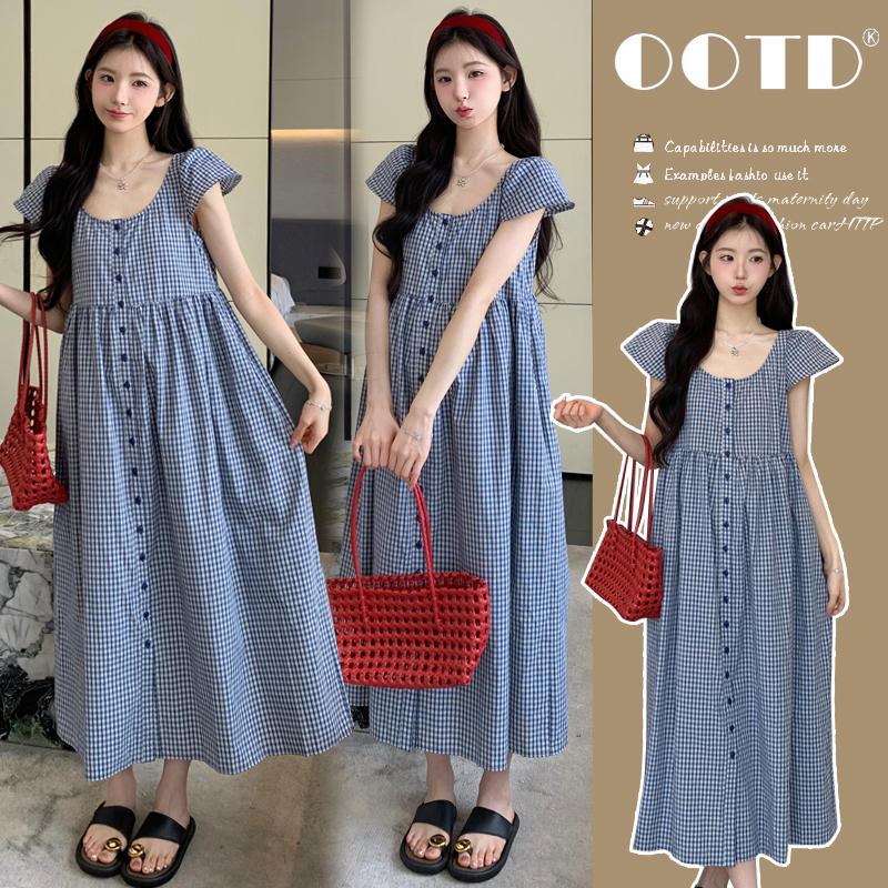 孕妇装2025夏季新款孕期宽松格子衬衫长裙气质温柔减龄孕妇连衣裙