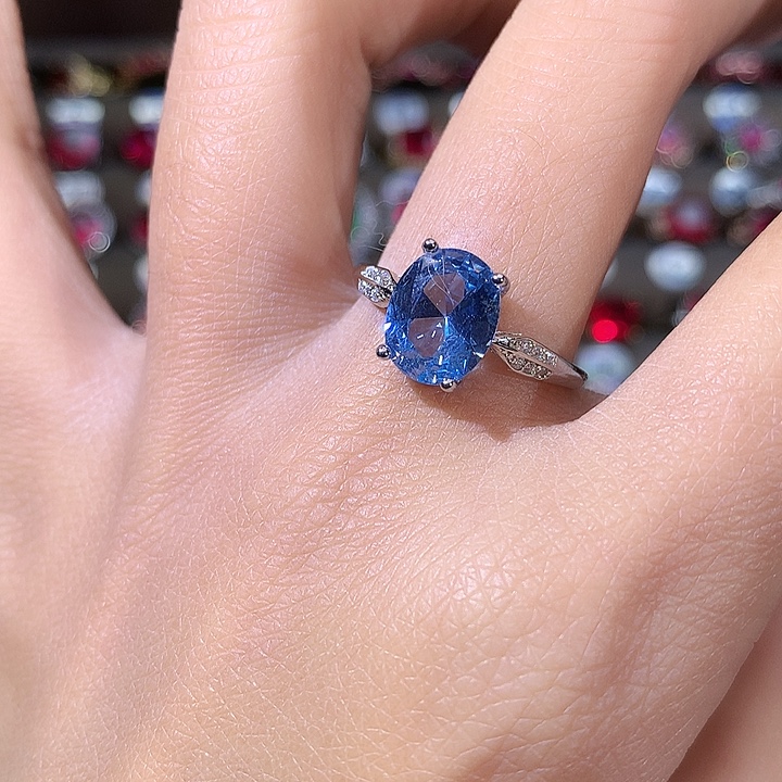 银S925镶嵌海蓝宝石戒圈白810