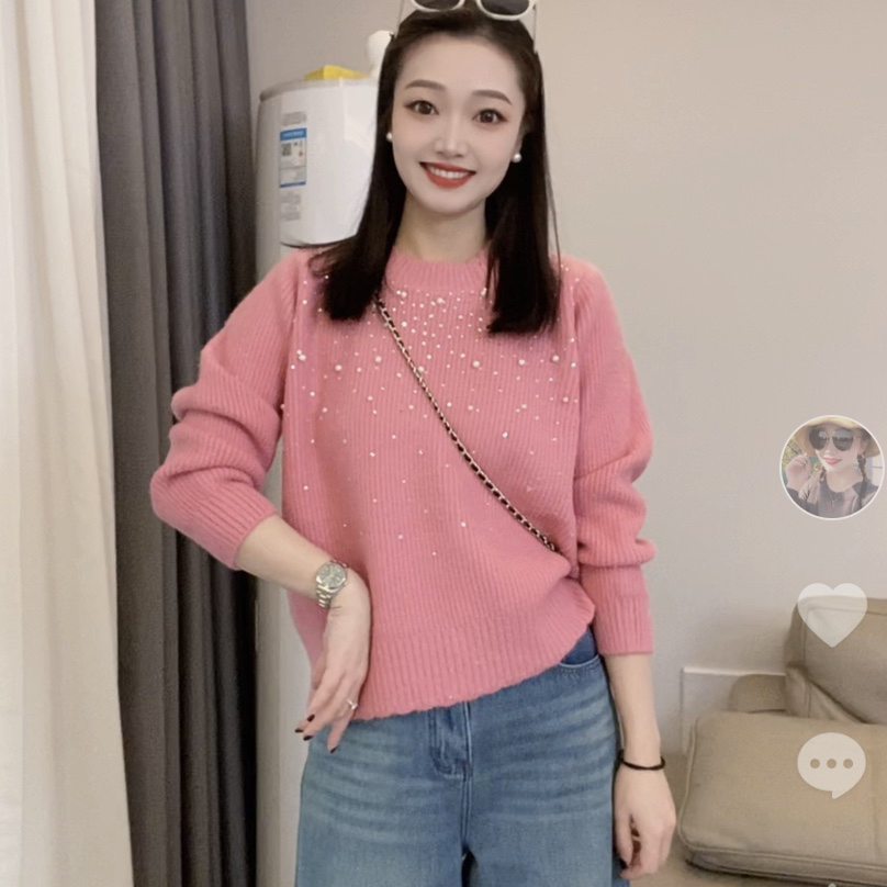 32#不起球套头重工钉珠长袖纯色毛衣针织衫