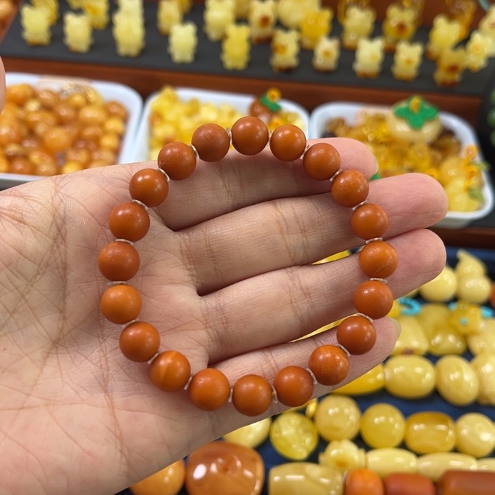 琥珀未镶嵌裸石卡9加老蜡橘皮手串精工微瑕