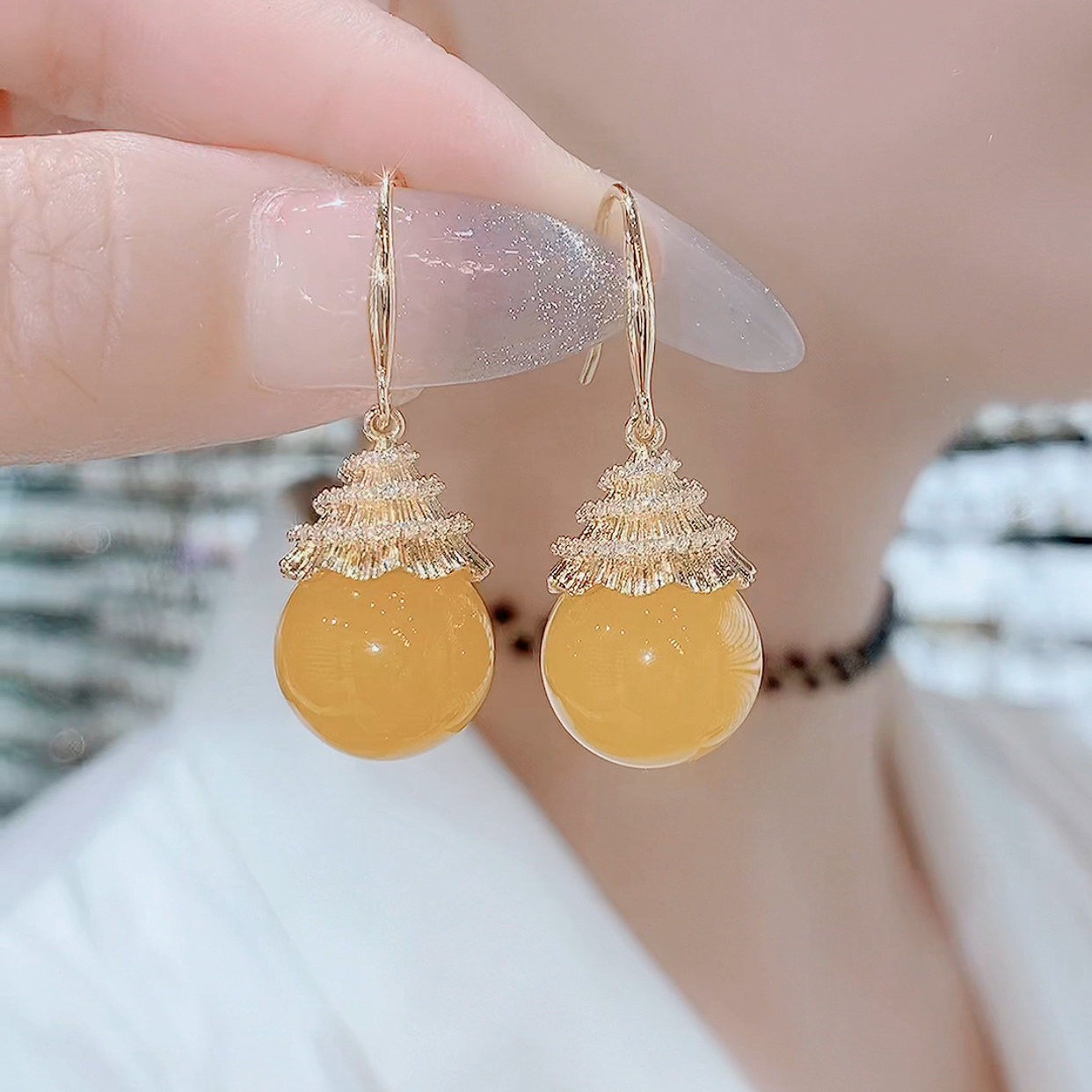 铜合金玻璃耳饰 906-轻奢明艳黄色端庄知性短款洋气秋冬耳环