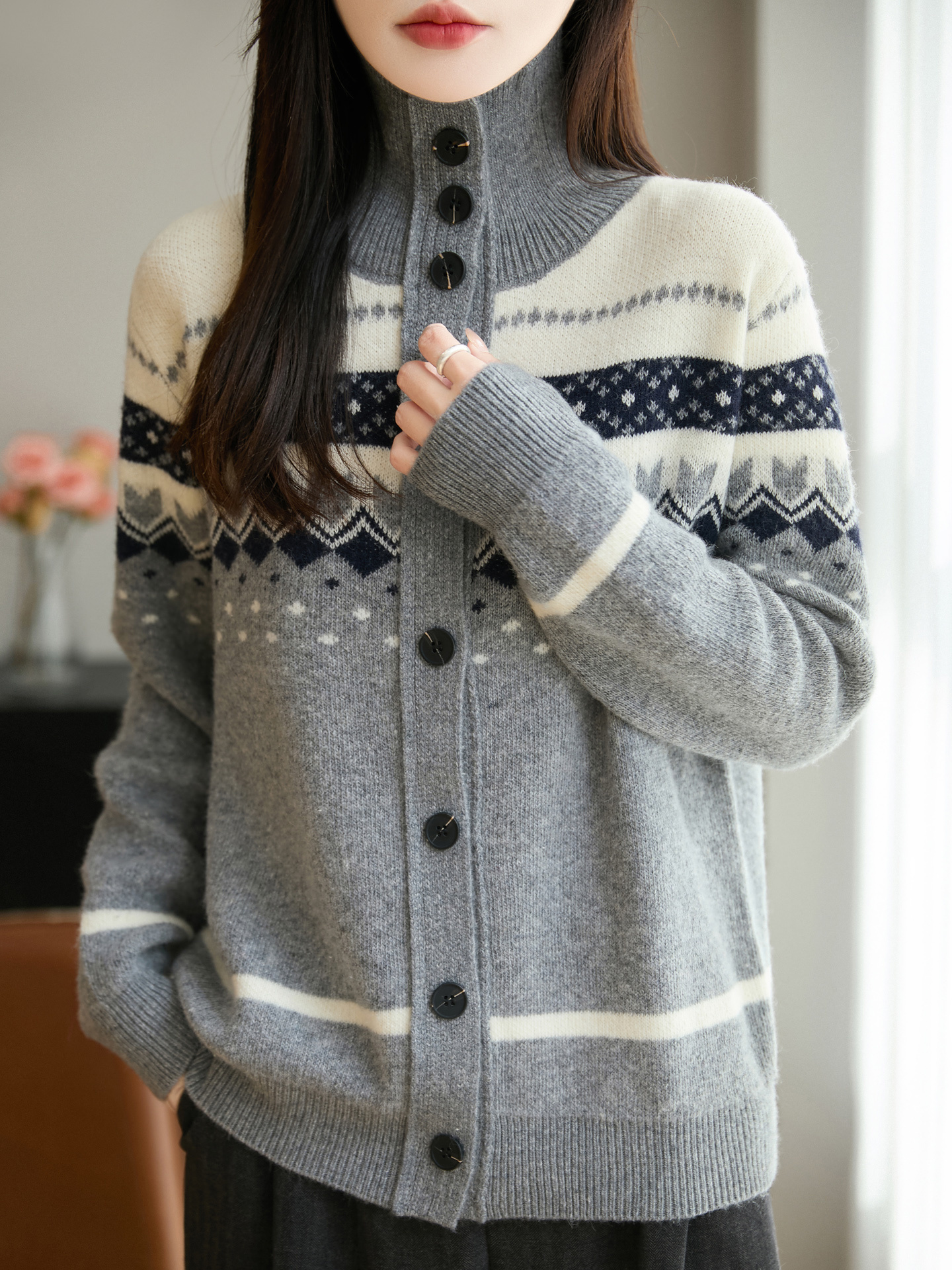 费尔岛翻领软糯羊毛开衫外套女秋冬绝美巨好看加厚针织衫立领上衣